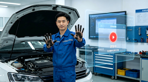网嘉可视化移动示教车破解汽车｜一名穿着蓝色工作服的男子站在一辆白色汽车
