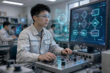 学生在实训工位完成操作，实训过程与成果同步进入平台